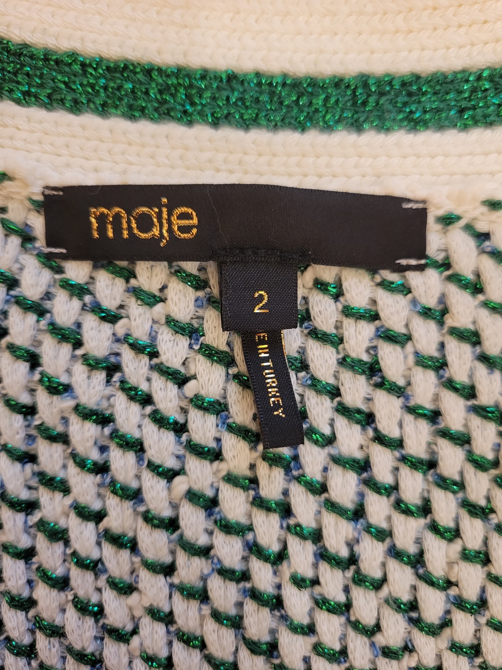 Maje Green V-Neck Cardigan with Cream Trim, Size 2, Gold Buttons, Metallic - Picture 8 of 8